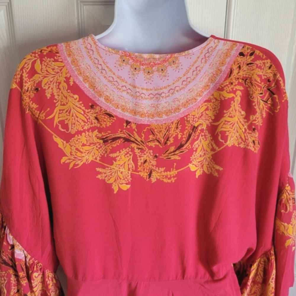 Free People Sunset Dreams boho print bell sleeve salmon color top women's‎ XS - Picture 12 of 16